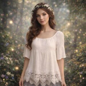 Womens Sz S White Romantic Peasant Top Smocked Bodice Fairy Boho Indie Coquette